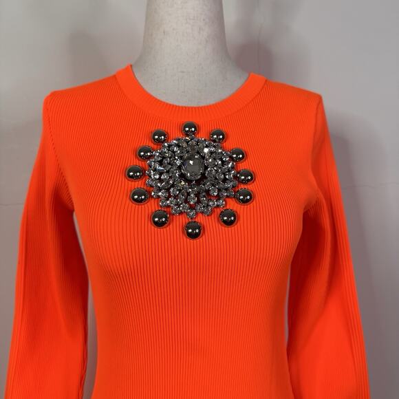Christopher Kane SS20 Neon Orange Crystal Neck Knit Mini Dress NWT Size 40 - Picture 2 of 13